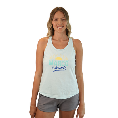 Marco Island Women Cross Racerback Tank with Sun Design Color Blue Glow Style 196