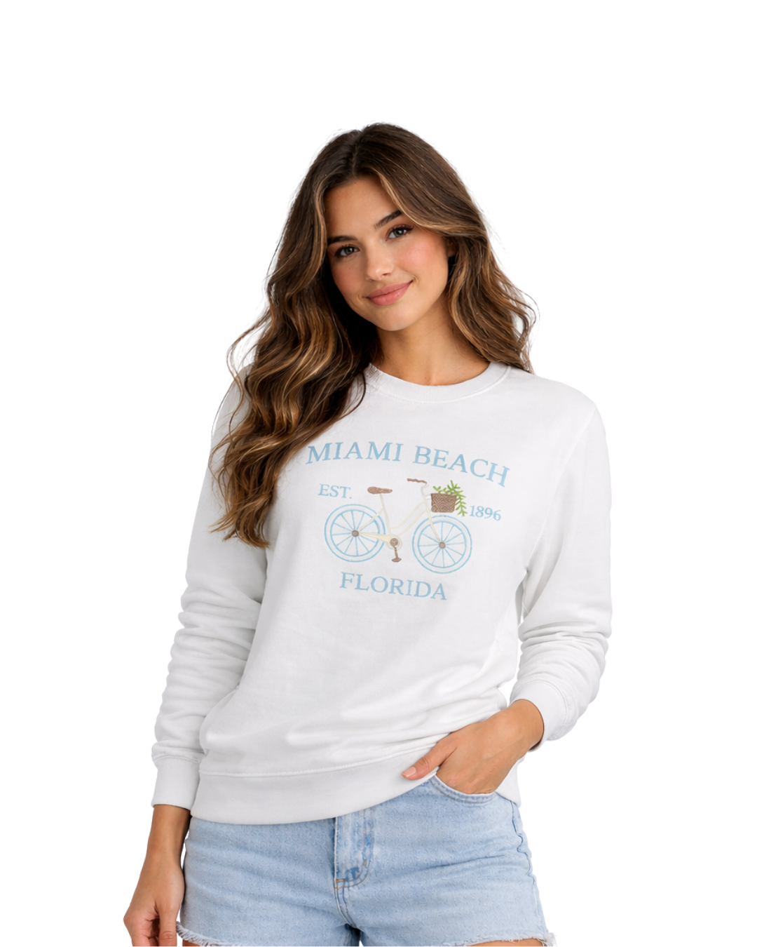 Miami Beach, FL Embroidered Women’s Crewneck crewneck alvinsisland.com S White