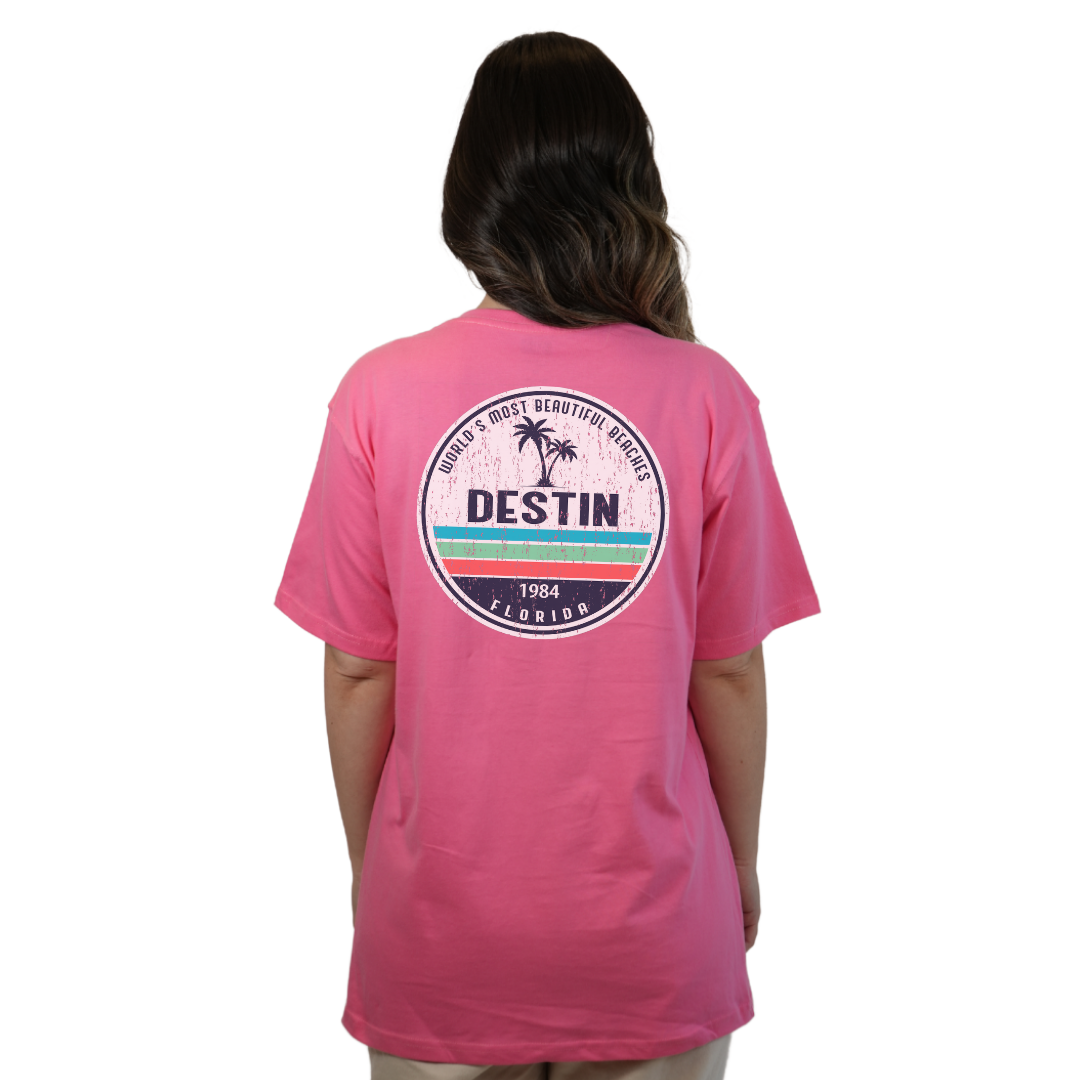 Destin Florida Combed Cotton Women T-Shirt with a Front Pocket Design and back big circle 2 Palm Trees 1915 Design Style CC1000