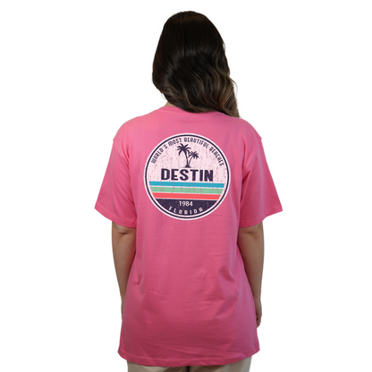 Destin Florida Combed Cotton Women T-Shirt with a Front Pocket Design and back big circle 2 Palm Trees 1915 Design Style CC1000