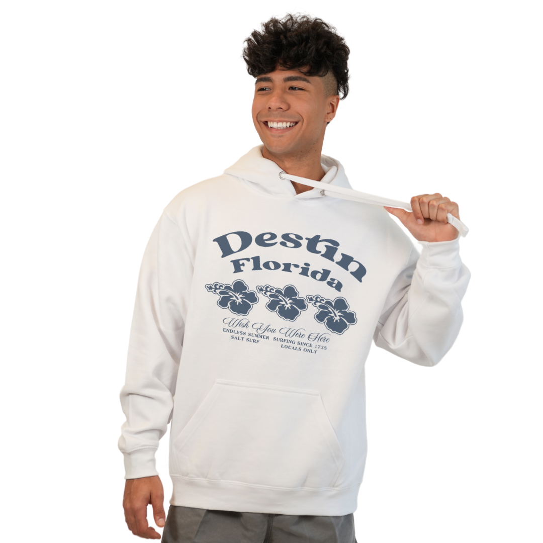 Destin Florida Pullover Hoodie Men with Big Front 3 Hibiscus Design Style 252