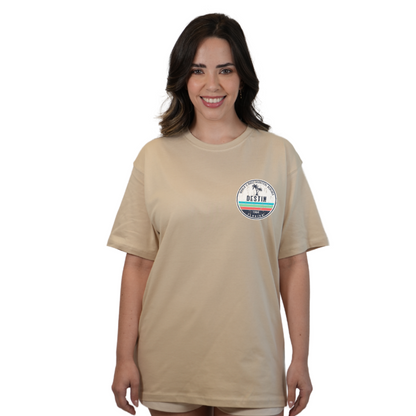 Destin Florida Combed Cotton Women T-Shirt with a Front Pocket Design and back big circle 2 Palm Trees 1915 Design Style CC1000