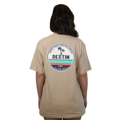 Destin Florida Combed Cotton Women T-Shirt with a Front Pocket Design and back big circle 2 Palm Trees 1915 Design Style CC1000