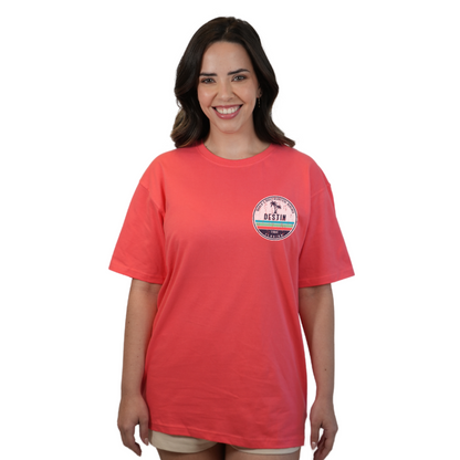 Destin Florida Combed Cotton Women T-Shirt with a Front Pocket Design and back big circle 2 Palm Trees 1915 Design Style CC1000