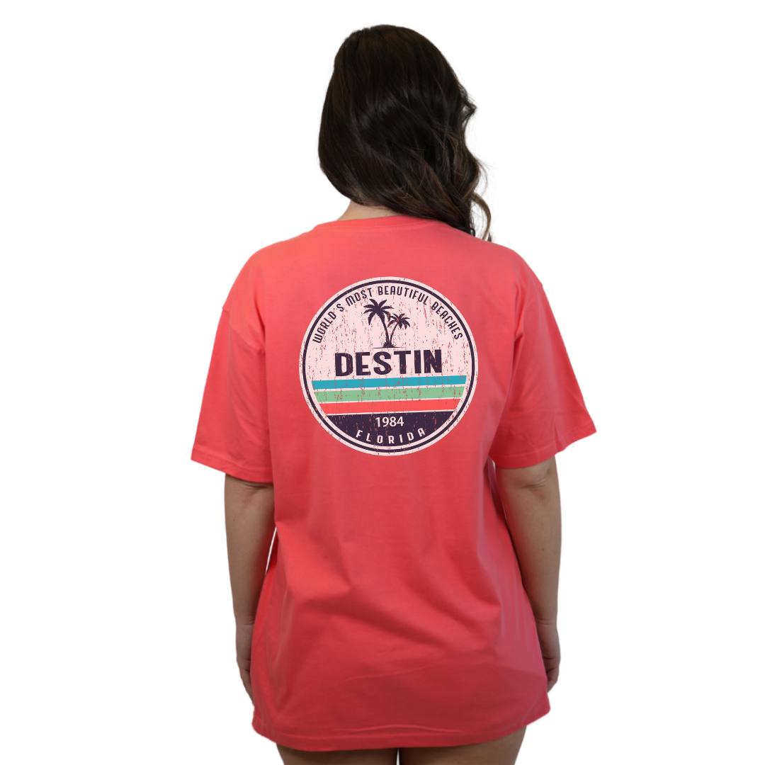 Destin Florida Combed Cotton Women T-Shirt with a Front Pocket Design and back big circle 2 Palm Trees 1915 Design Style CC1000