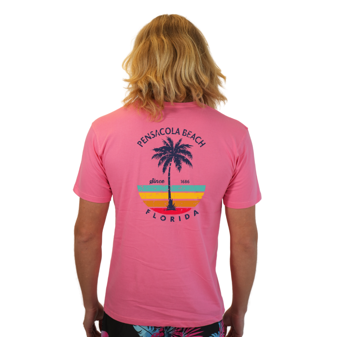 Pensacola Beach  Palm Tree/ Stripes Combed/Cotton Men T-Shirt Style Cc1000