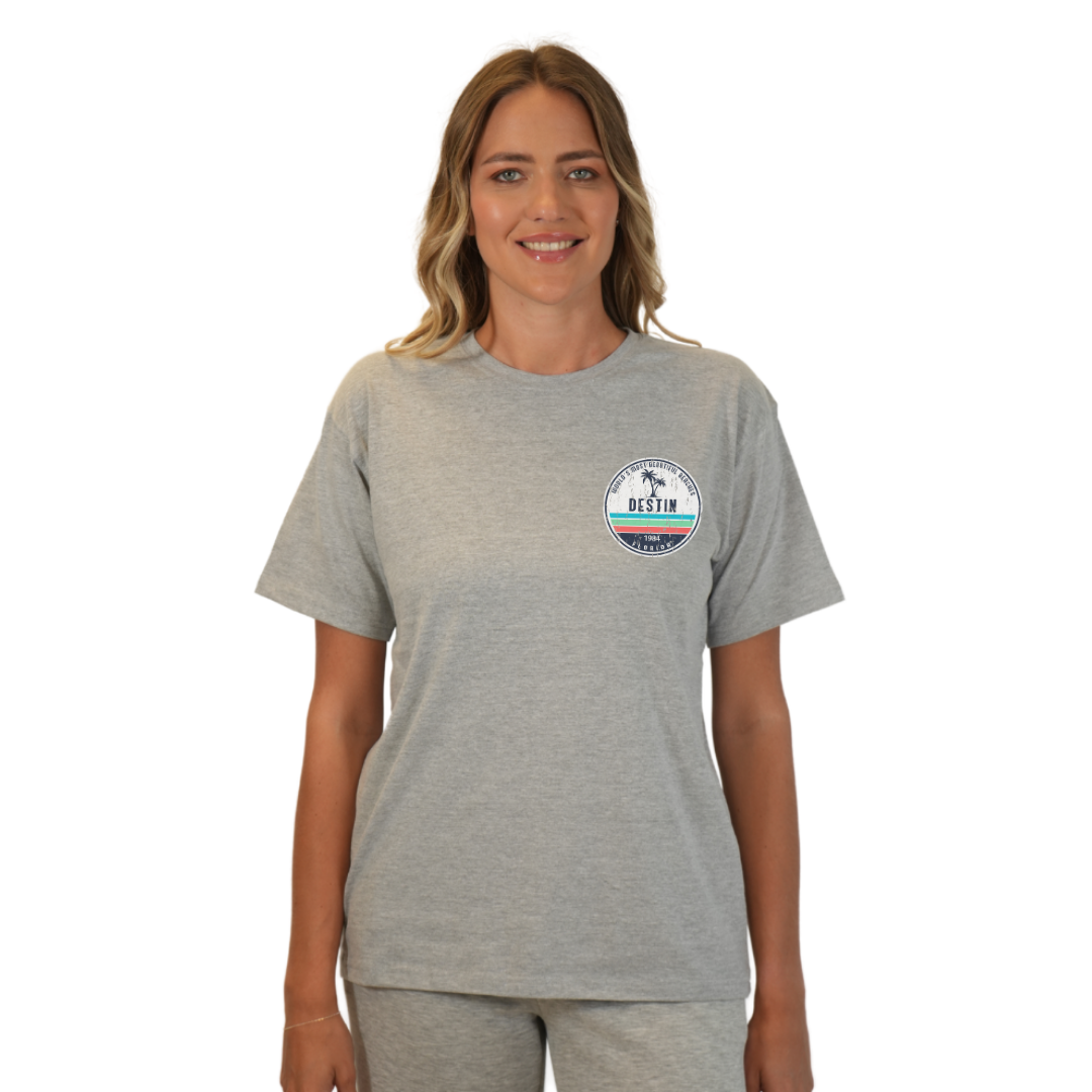 Destin Florida Combed Cotton Women T-Shirt with a Front Pocket Design and back big circle 2 Palm Trees 1915 Design Style CC1000