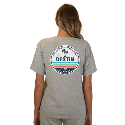 Destin Florida Combed Cotton Women T-Shirt with a Front Pocket Design and back big circle 2 Palm Trees 1915 Design Style CC1000