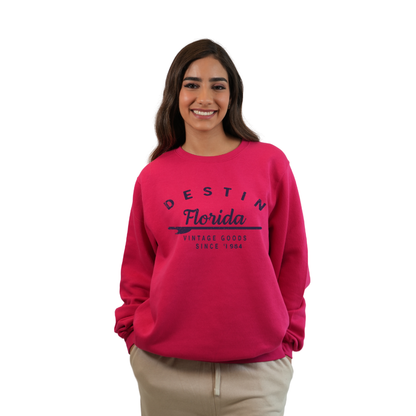 Destin Florida Fleece Crewneck Sweatshirt Women with a Front Arrow Vintage Goods Since 1984  Design Style 067