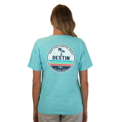 Destin Florida Combed Cotton Women T-Shirt with a Front Pocket Design and back big circle 2 Palm Trees 1915 Design Style CC1000