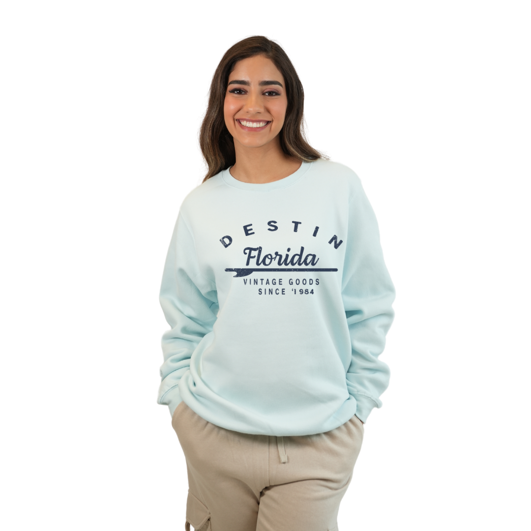 Destin Florida Fleece Crewneck Sweatshirt Women with a Front Arrow Vintage Goods Since 1984  Design Style 067