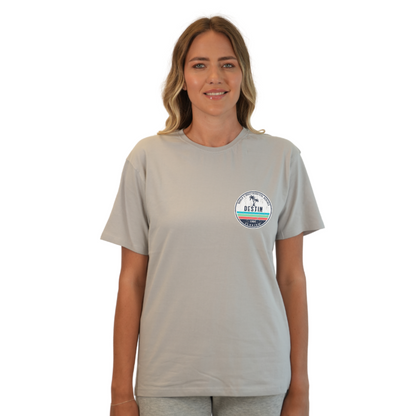 Destin Florida Combed Cotton Women T-Shirt with a Front Pocket Design and back big circle 2 Palm Trees 1915 Design Style CC1000