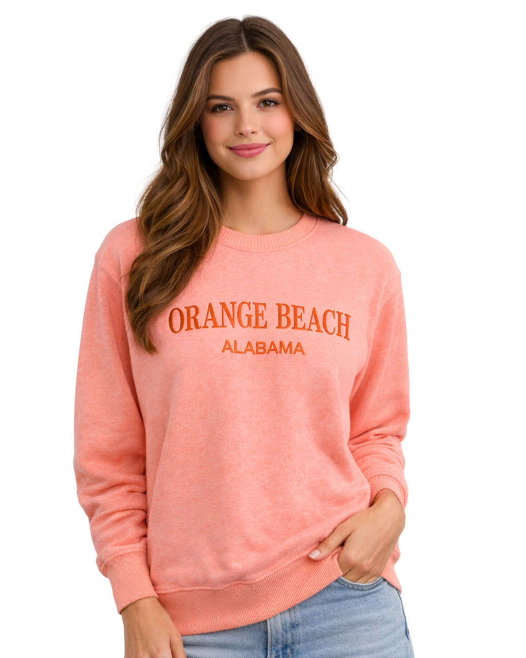 Orange Beach, AL Women Nantucket Crewneck Embroidered City Name Appliqué (Style AP267AI) crewneck alvinsisland.com Coral S