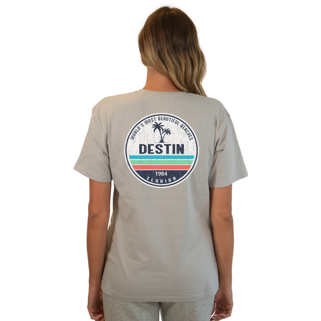 Destin Florida Combed Cotton Women T-Shirt with a Front Pocket Design and back big circle 2 Palm Trees 1915 Design Style CC1000