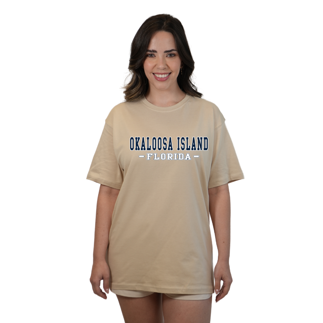 Okaloosa Island T-Shirt  Combed Cotton Women  with Navy City Name Front Design Style CC1000