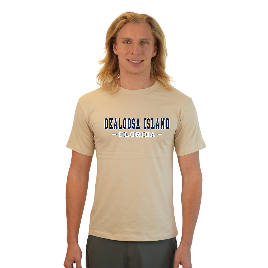 Okaloosa Island T-Shirt  Combed Cotton Men  with Navy City Name Front Design Style CC1000