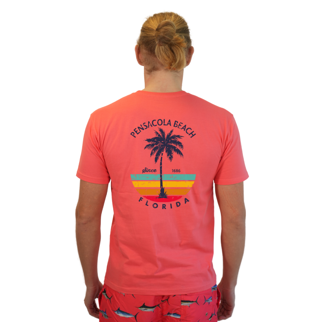 Pensacola Beach  Palm Tree/ Stripes Combed/Cotton Men T-Shirt Style Cc1000