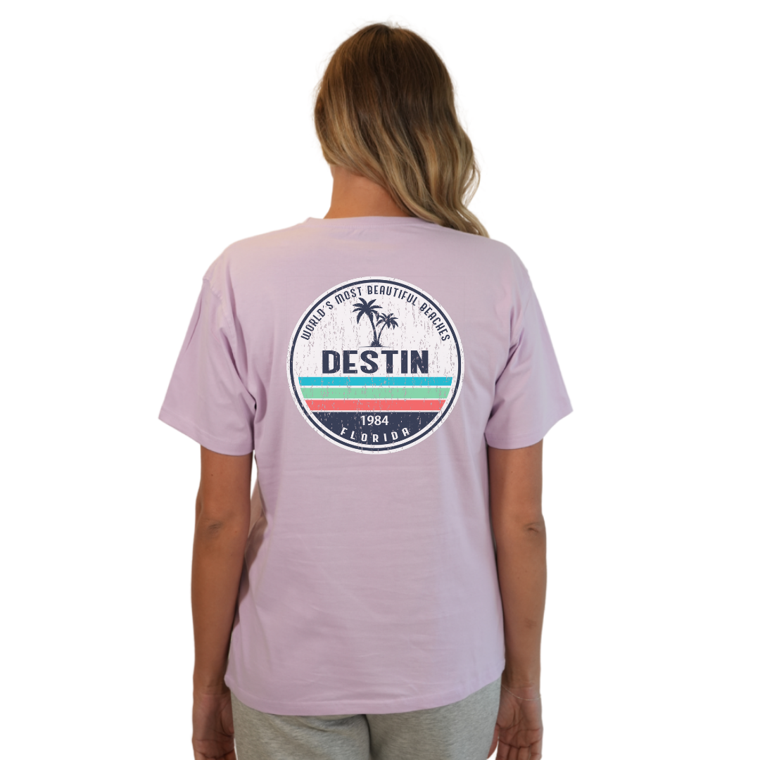 Destin Florida Combed Cotton Women T-Shirt with a Front Pocket Design and back big circle 2 Palm Trees 1915 Design Style CC1000