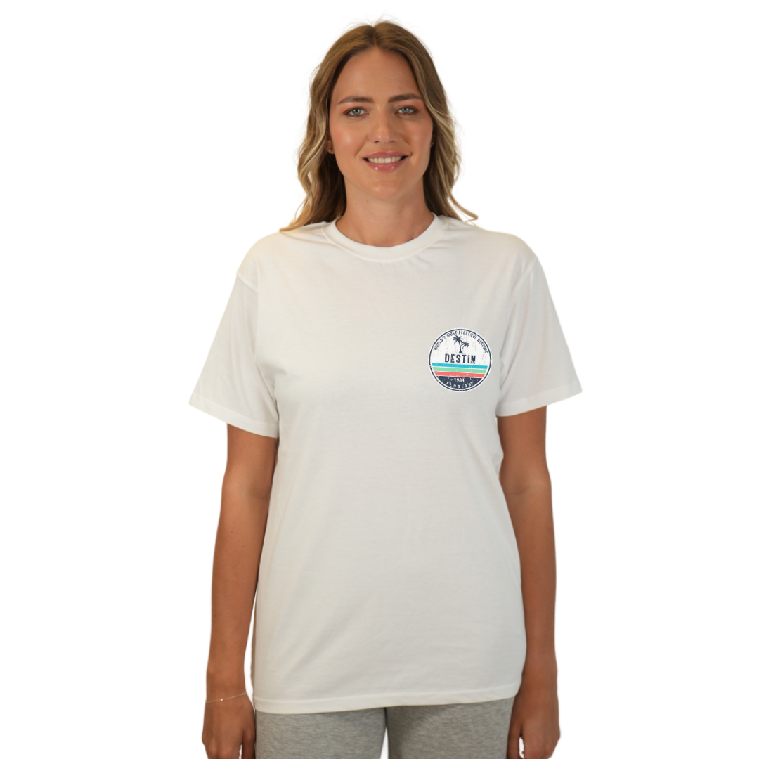 Destin Florida Combed Cotton Women T-Shirt with a Front Pocket Design and back big circle 2 Palm Trees 1915 Design Style CC1000