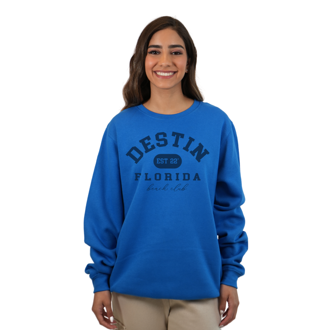 Destin Fl. Fleece Crewneck Sweatshirt Women with a Front Destin Est 22 Florida Beach Club Design Style 067