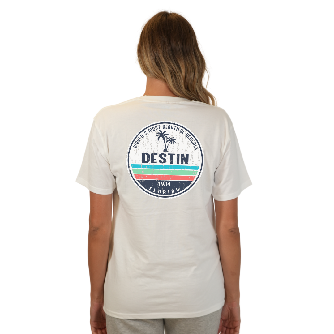 Destin Florida Combed Cotton Women T-Shirt with a Front Pocket Design and back big circle 2 Palm Trees 1915 Design Style CC1000