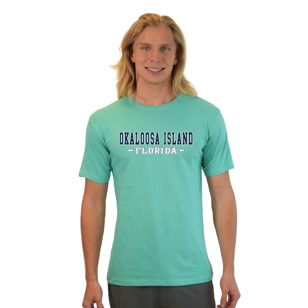 Okaloosa Island T-Shirt  Combed Cotton Men  with Navy City Name Front Design Style CC1000