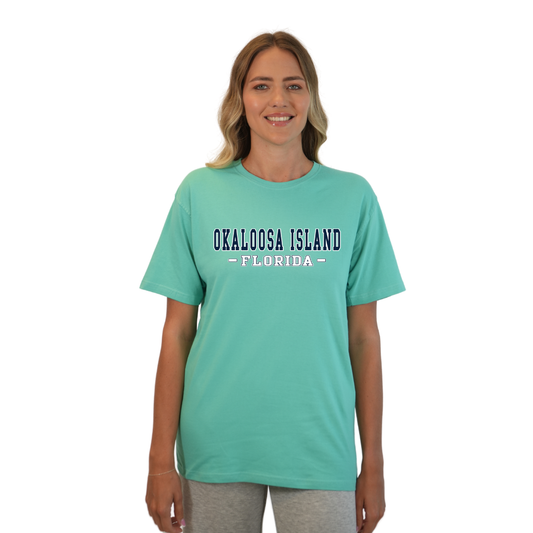 Okaloosa Island T-Shirt  Combed Cotton Women  with Navy City Name Front Design Style CC1000