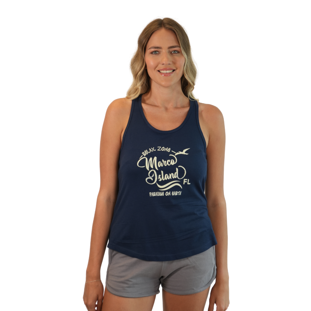 Marco Island Women Cross Racerback Tank with Relax Zone Paradise in Earth Design Color Midnight Navy Style 196