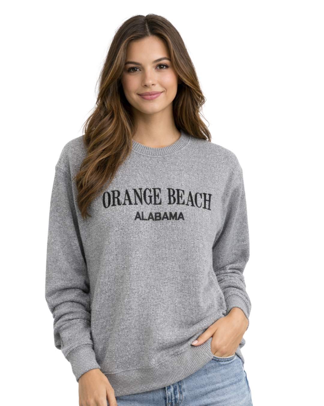 Orange Beach, AL Women Nantucket Crewneck Embroidered City Name Appliqué (Style AP267AI) crewneck alvinsisland.com Salt & Pepper S