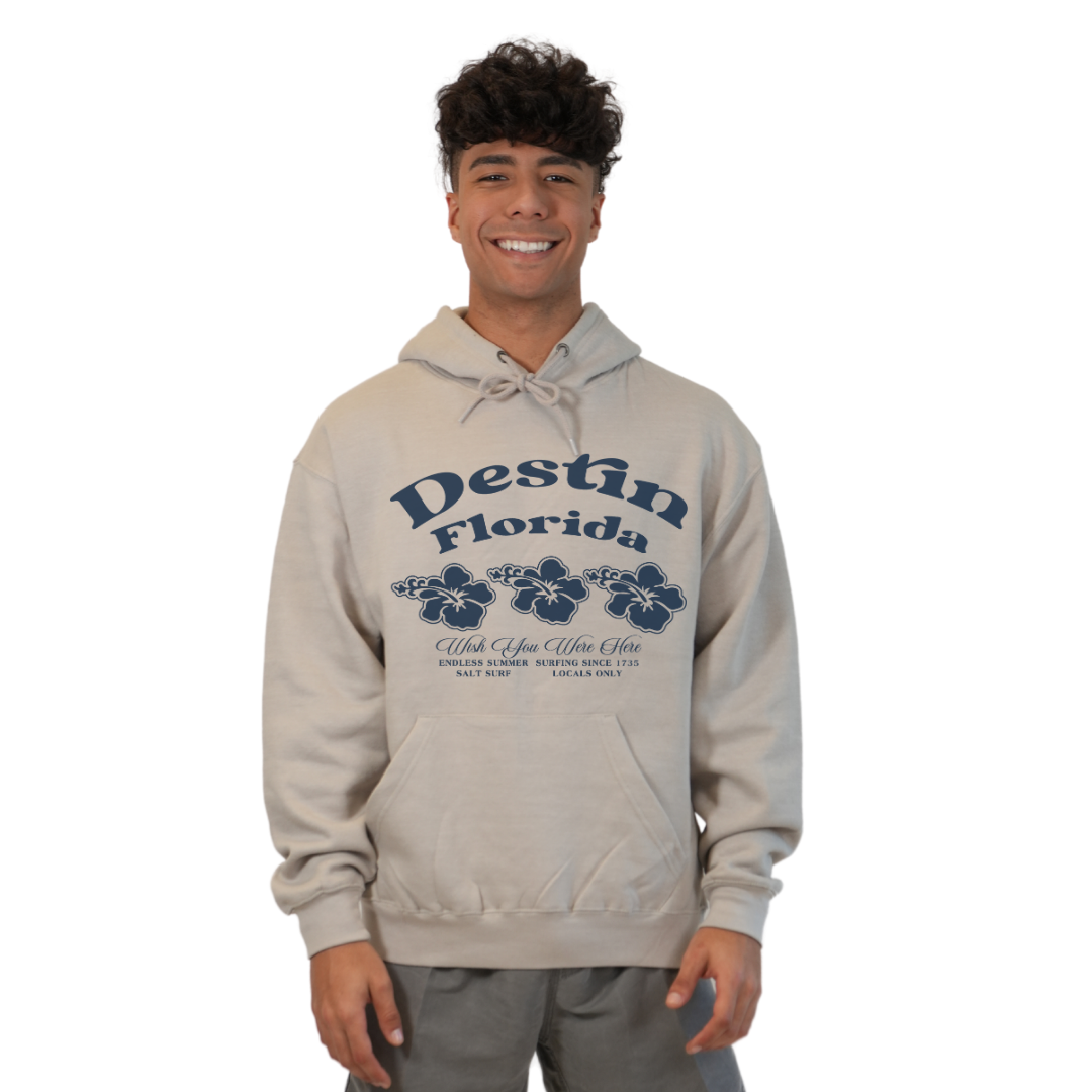 Destin Florida Pullover Hoodie Men with Big Front 3 Hibiscus Design Style 252