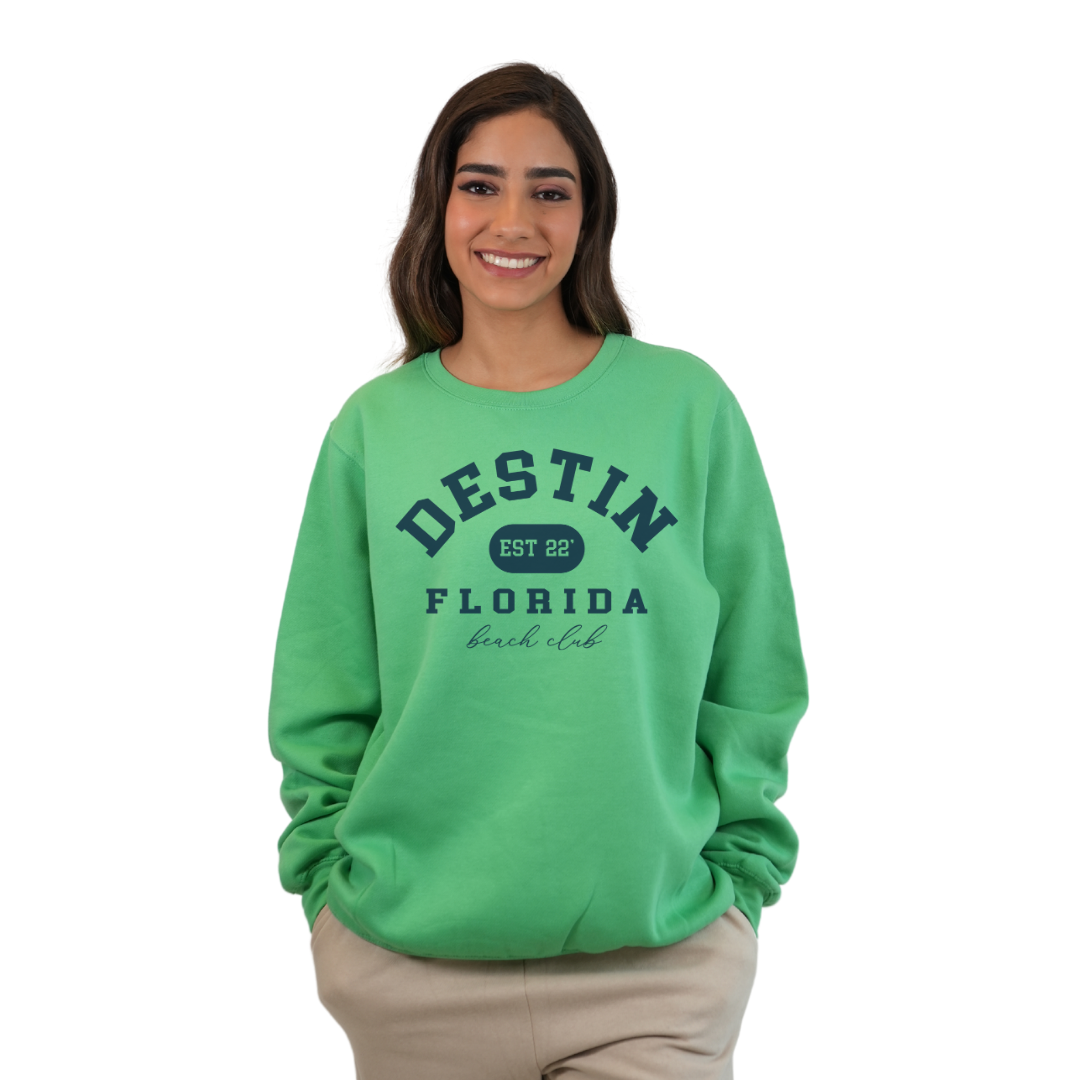 Destin Fl. Fleece Crewneck Sweatshirt Women with a Front Destin Est 22 Florida Beach Club Design Style 067