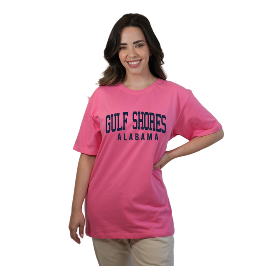 Gulf Shores Alabama Combed Cotton Women T-Shirt with Navy City Name Style CC1000 T-SHIRT alvinsisland.com Flamingo pink S
