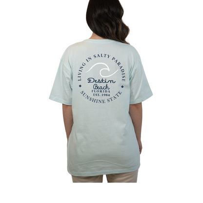 Destin Florida Combed Cotton Women T-Shirt with a Front Pocket Design and back "Living in Salty Paradise" Design Style CC1000