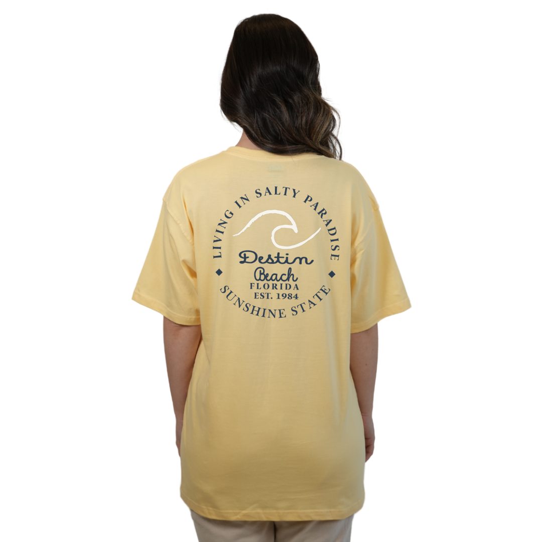 Destin Florida Combed Cotton Women T-Shirt with a Front Pocket Design and back "Living in Salty Paradise" Design Style CC1000