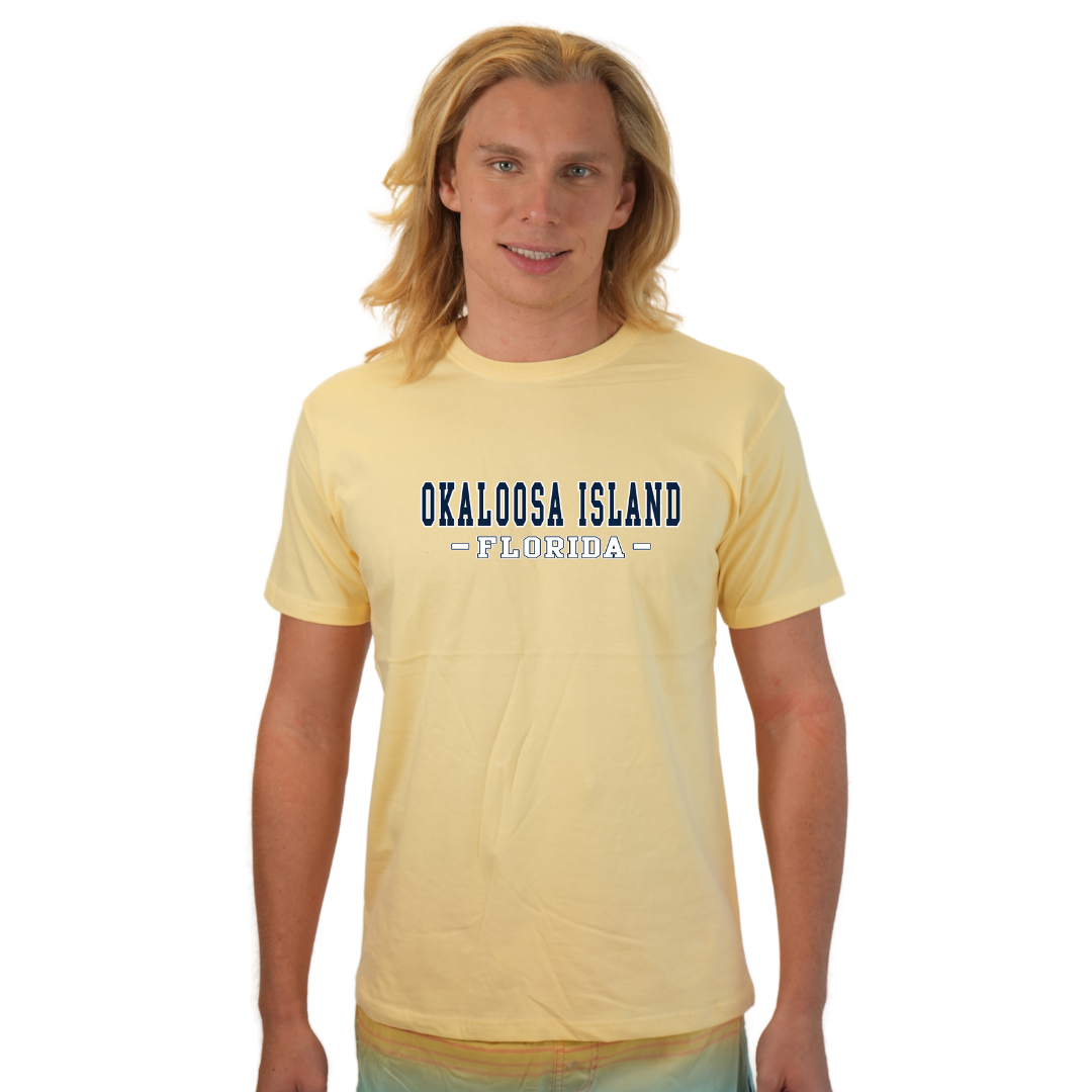 Okaloosa Island T-Shirt  Combed Cotton Men  with Navy City Name Front Design Style CC1000