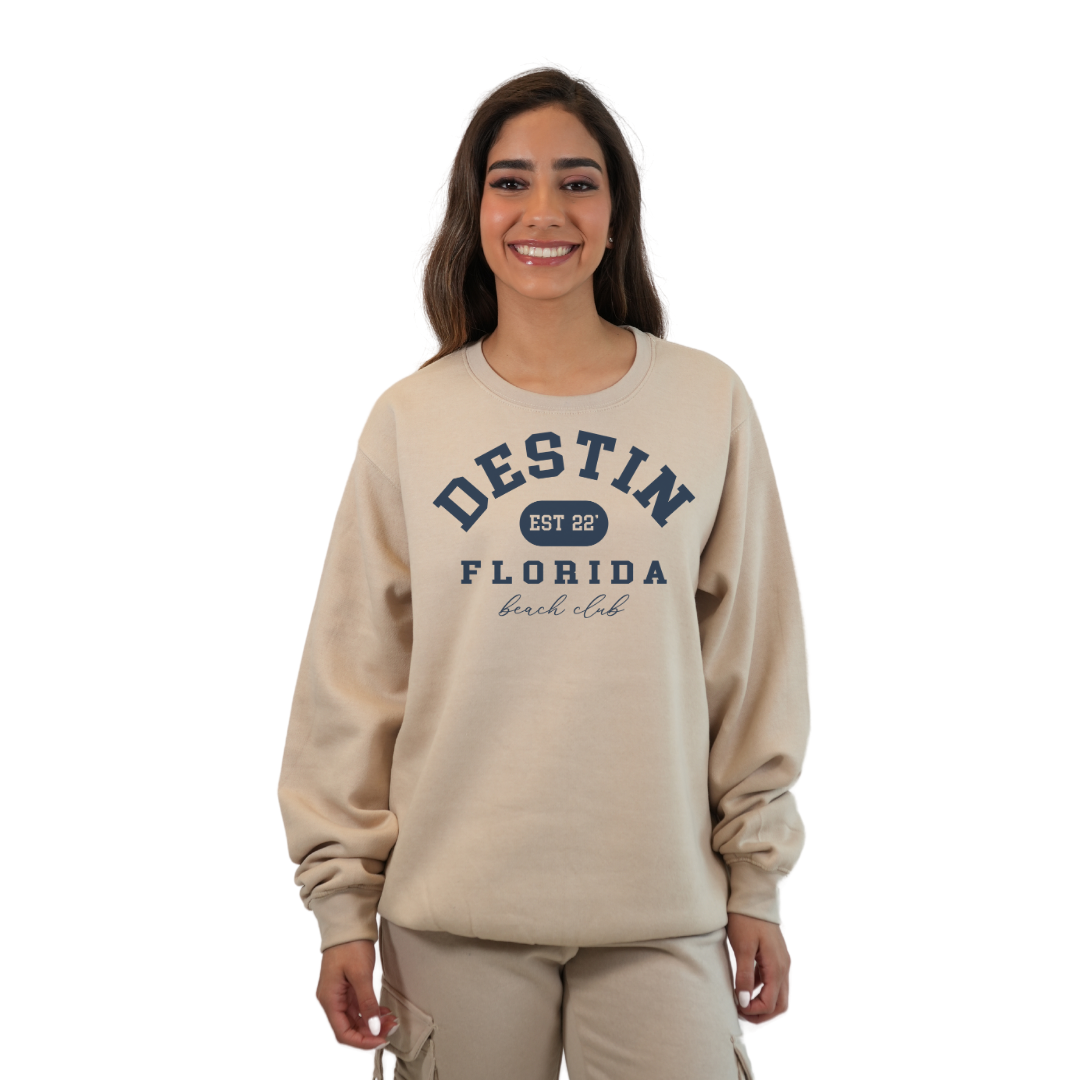 Destin Fl. Fleece Crewneck Sweatshirt Women with a Front Destin Est 22 Florida Beach Club Design Style 067