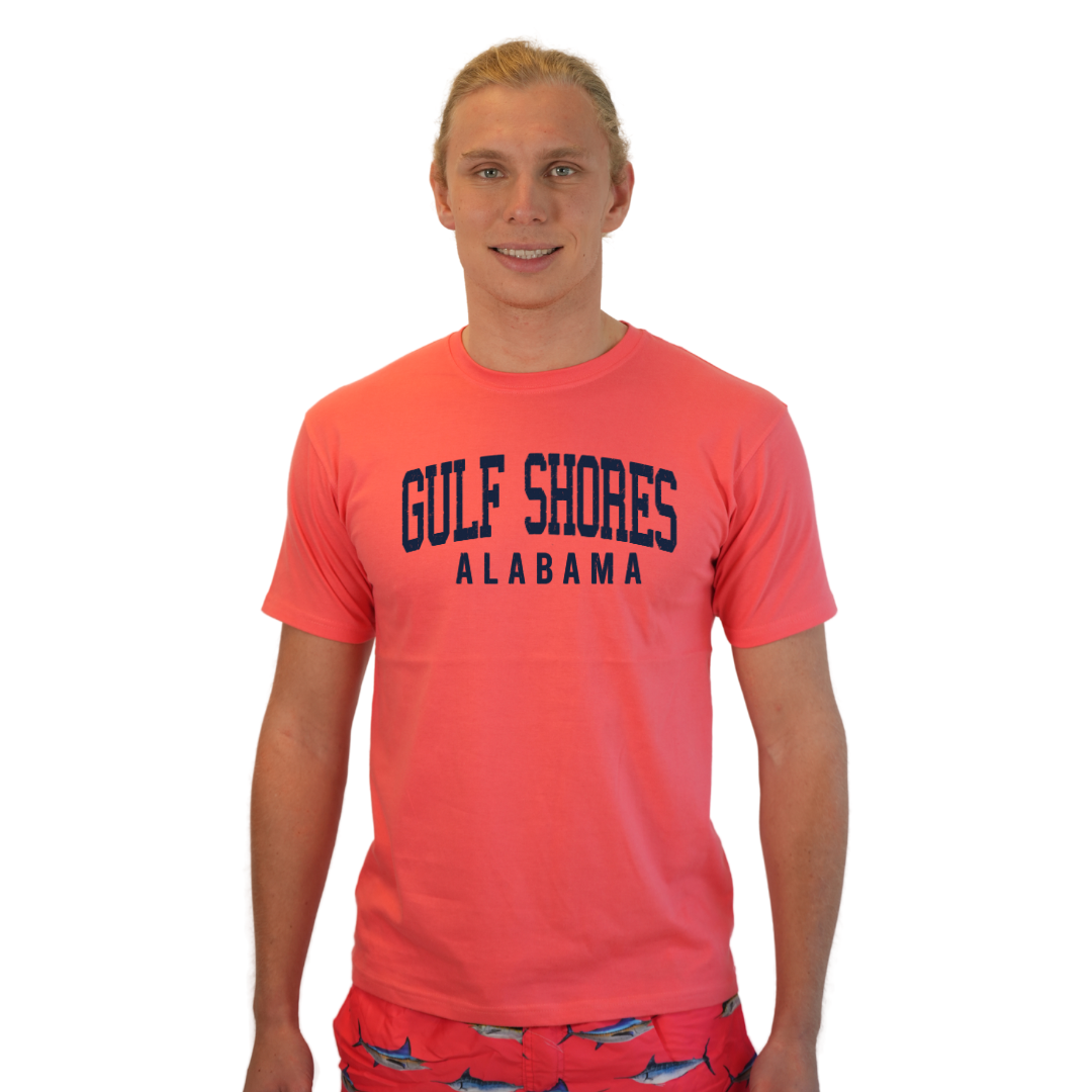 Gulf Shores Alabama Combed Cotton Men T-Shirt with Navy City Name Style CC1000 T-SHIRT alvinsisland.com diva coral S