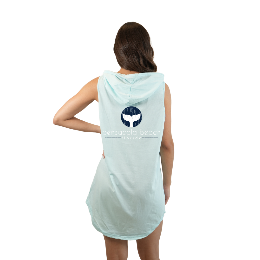 Pensacola Beach Women Sleeveless Cover Up Hoodie with a Front Whale Tale pocket design and back big Whale Tale Design Style 263
