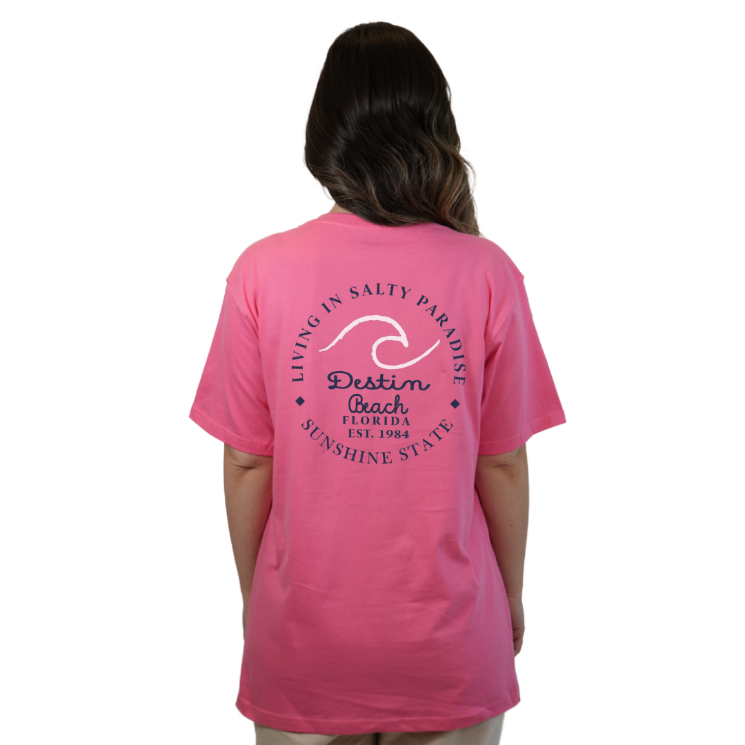 Destin Florida Combed Cotton Women T-Shirt with a Front Pocket Design and back "Living in Salty Paradise" Design Style CC1000