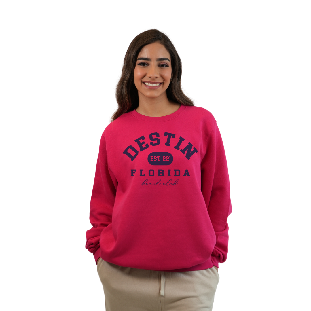 Destin Fl. Fleece Crewneck Sweatshirt Women with a Front Destin Est 22 Florida Beach Club Design Style 067