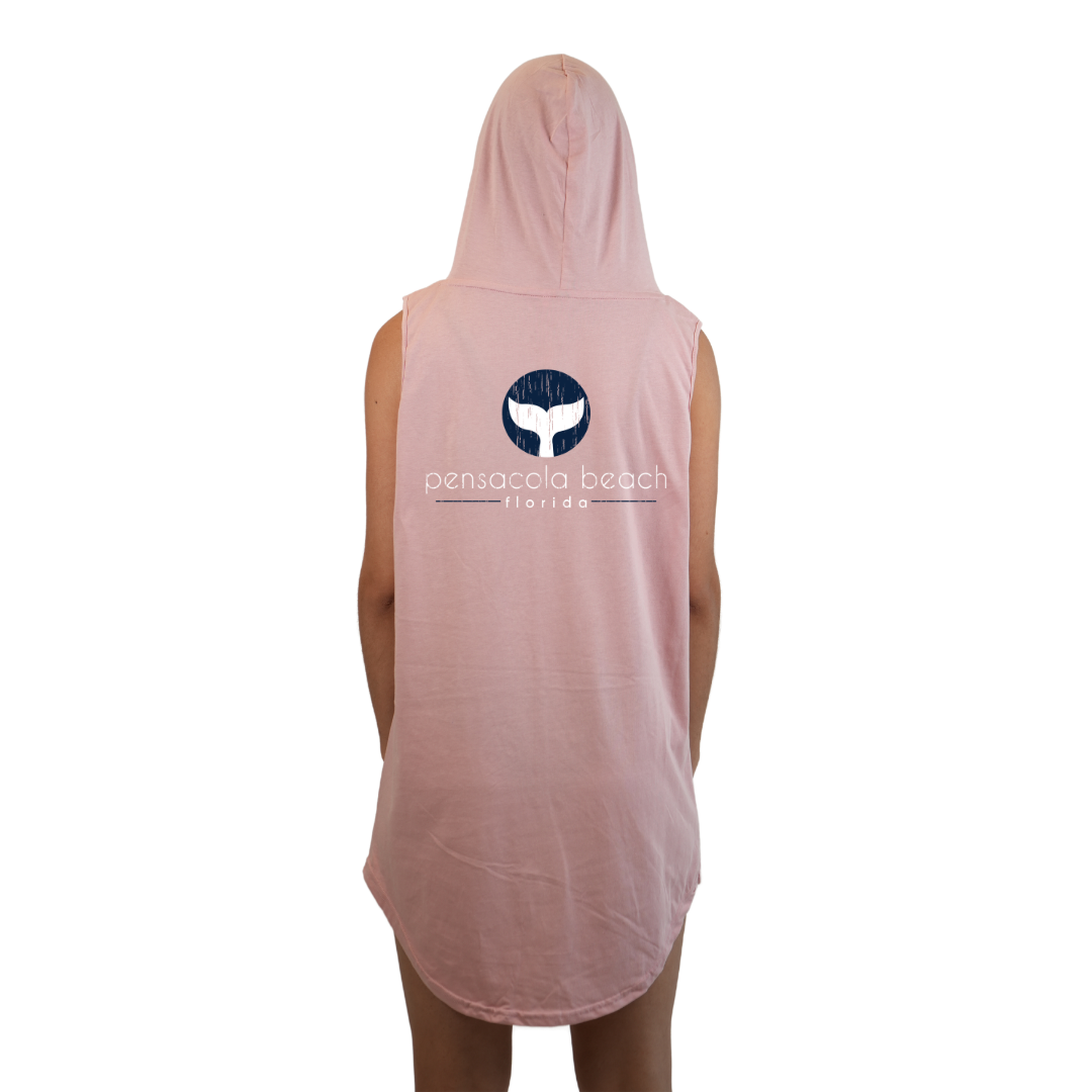 Pensacola Beach Women Sleeveless Cover Up Hoodie with a Front Whale Tale pocket design and back big Whale Tale Design Style 263