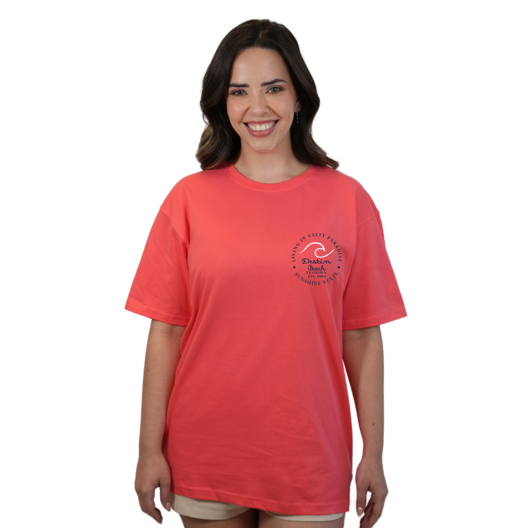 Destin Florida Combed Cotton Women T-Shirt with a Front Pocket Design and back "Living in Salty Paradise" Design Style CC1000