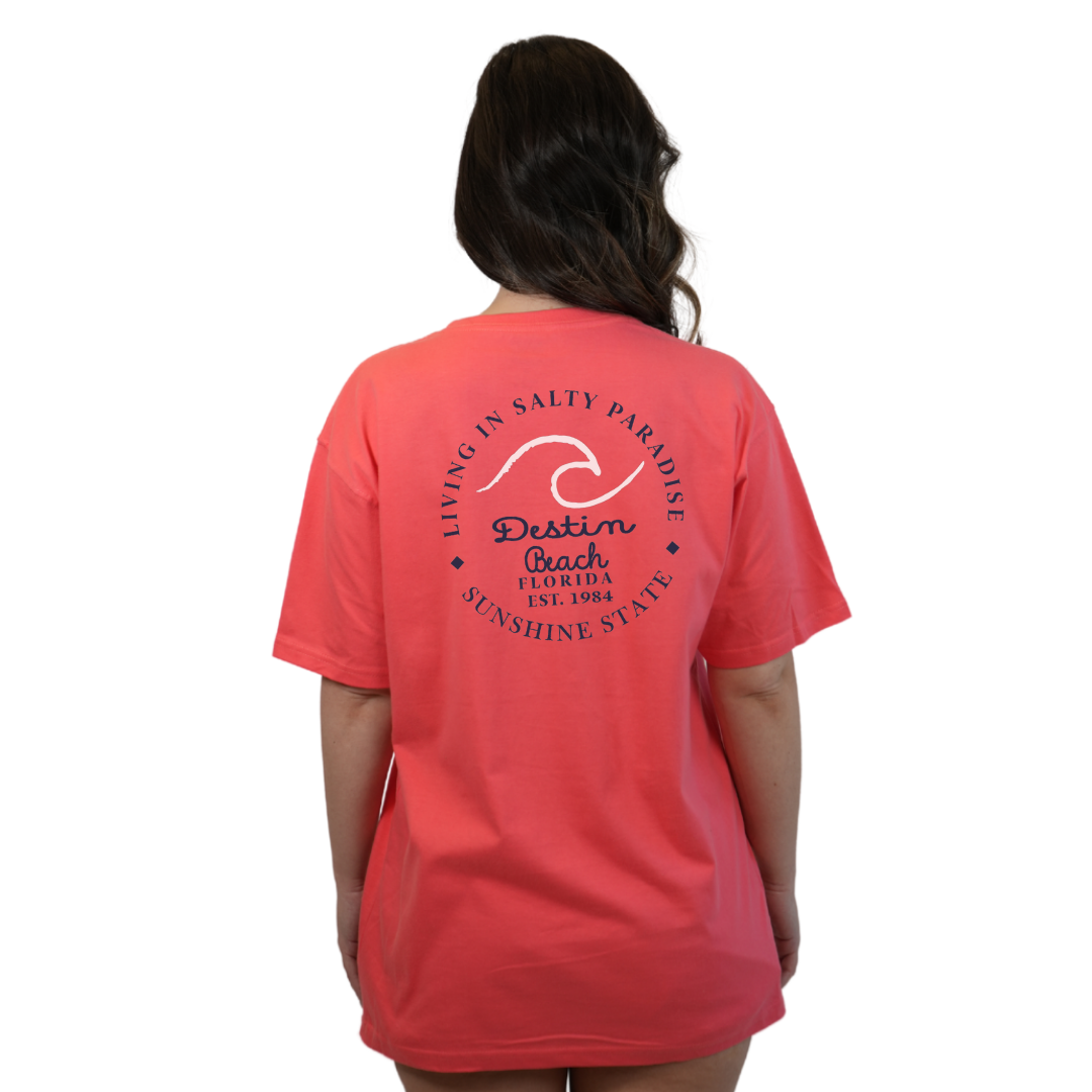 Destin Florida Combed Cotton Women T-Shirt with a Front Pocket Design and back "Living in Salty Paradise" Design Style CC1000