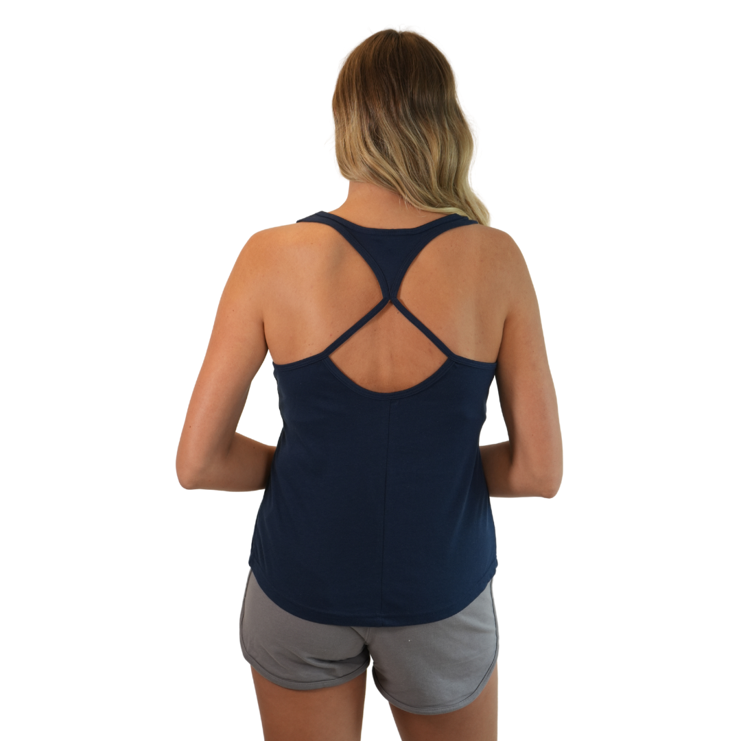 Marco Island Women Cross Racerback Tank with Relax Zone Paradise in Earth Design Color Midnight Navy Style 196