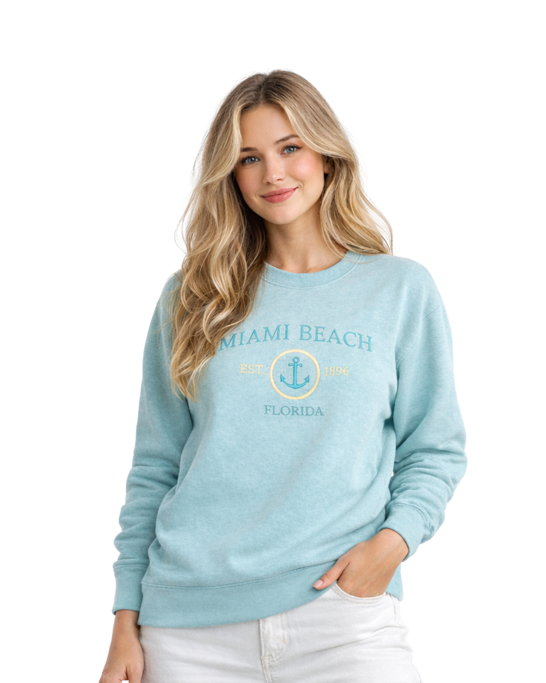 Miami Beach, Fl Embroidered Women’s Crewneck crewneck alvinsisland.com Pool day S