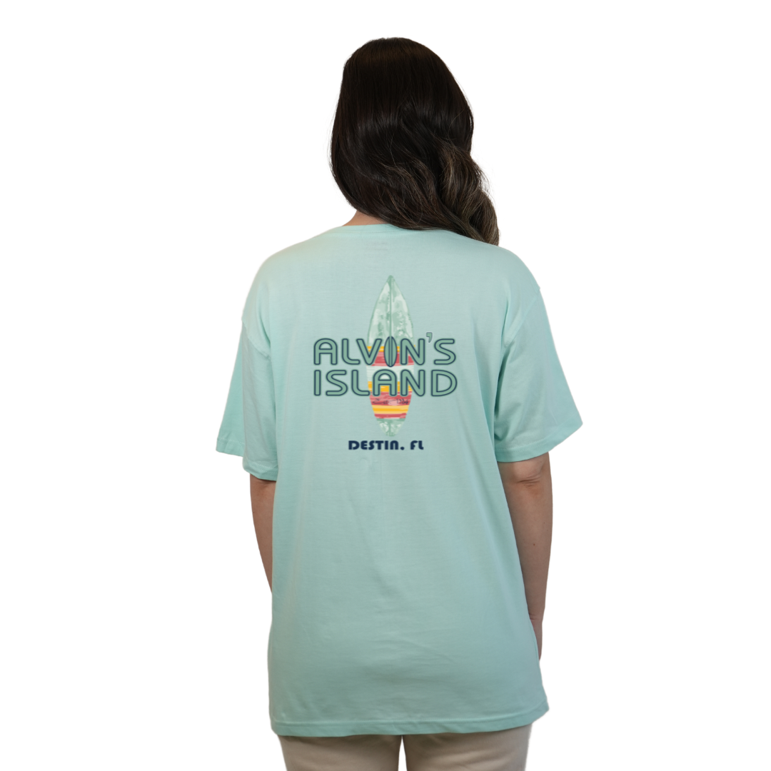 Destin Combed Cotton Women T-Shirt with a Alvin's island Surf Board Design Style CC1000