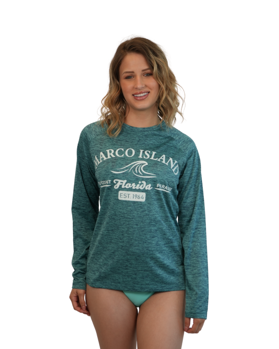 Marco Island, Fl Gulf Coast Paradise Ladies Long Sleeve Dry Fit 30upf Sun Protection Style 15750 LONG SLEEVE TEE alvinsisland.com Aqua S