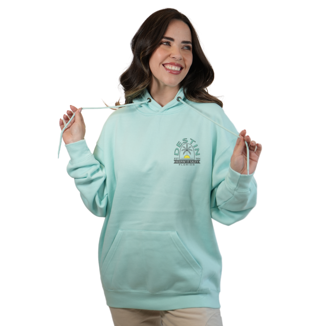 Destin Florida Pullover Hoodie Women with front "Keeping it Salty" Sun and Palm Tree Pocket design and the same back big design Style 252