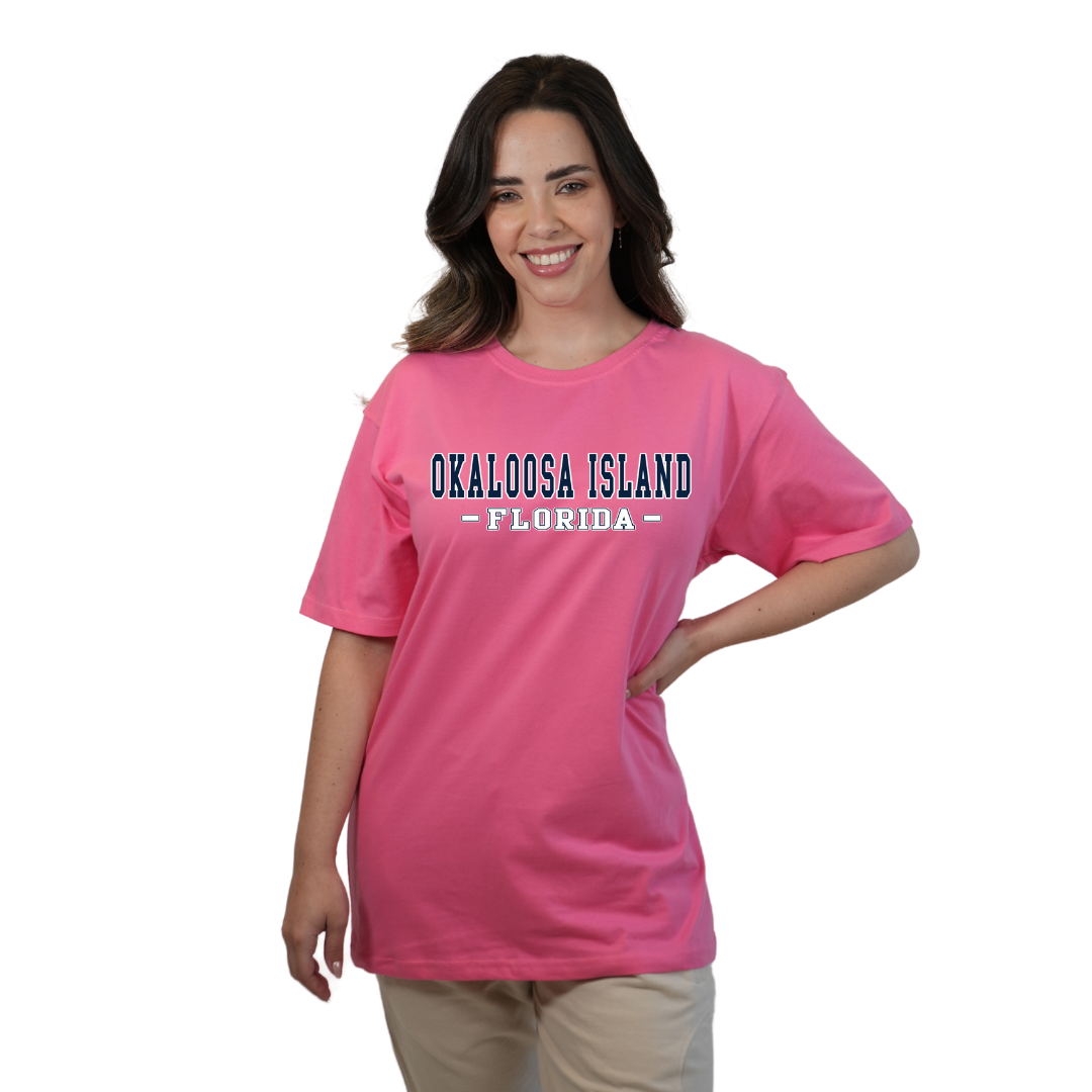 Okaloosa Island T-Shirt  Combed Cotton Women  with Navy City Name Front Design Style CC1000