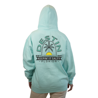 Destin Florida Pullover Hoodie Women with front "Keeping it Salty" Sun and Palm Tree Pocket design and the same back big design Style 252